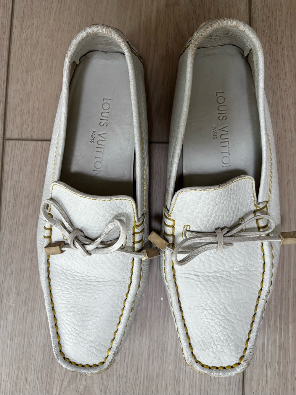 Louis Vuitton White Leather Moccasin Loafers with Subtle Yellow Stitching
